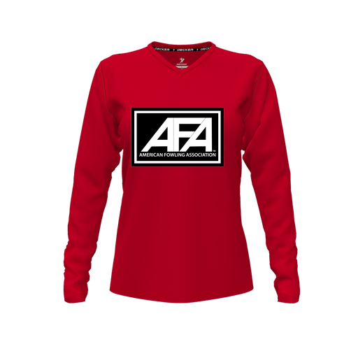 [CUS-DFW-TEES-CMF-VNK-LSL-RED-FYXS-LOGO2] Decker Comfort T-Shirt (Female Youth XS, Red, V Neck, Logo 2, Long Sleeve)